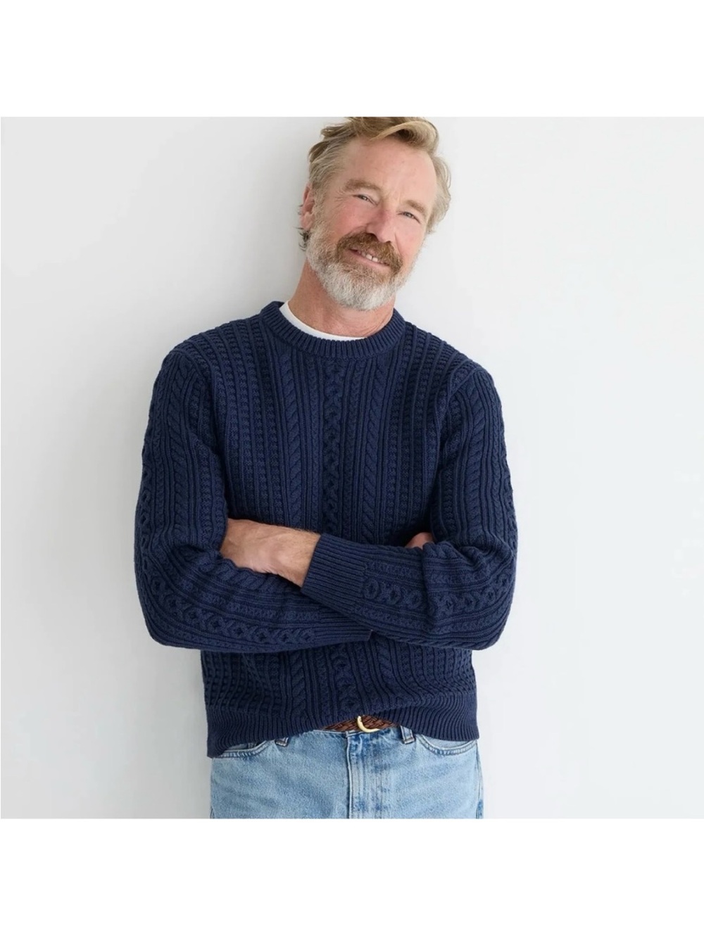 J. CREW Men's Cotton Cable Knit Crewneck Sweater Navy Blue Fishermen